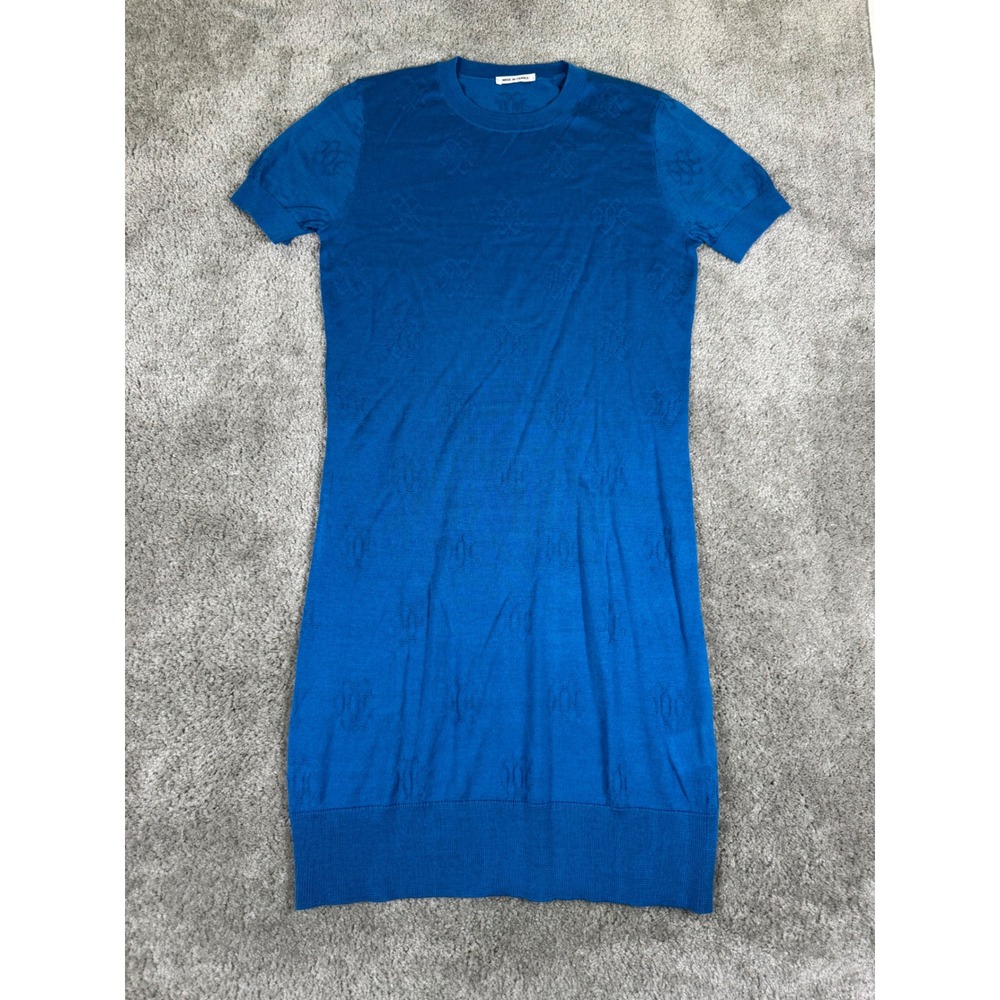 Nina Ricci Paris Blue Jacquard Authentic Knit Short Sleeve Dress Made in France